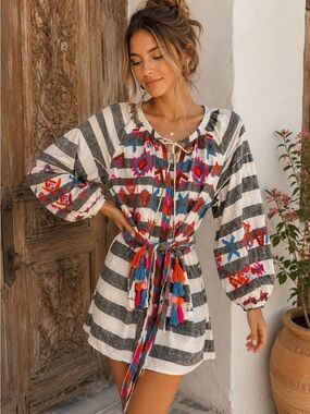 Zara Boho Festival S Embroidered Tassel Peasant Resort Tunic Dress Summer Beachy
